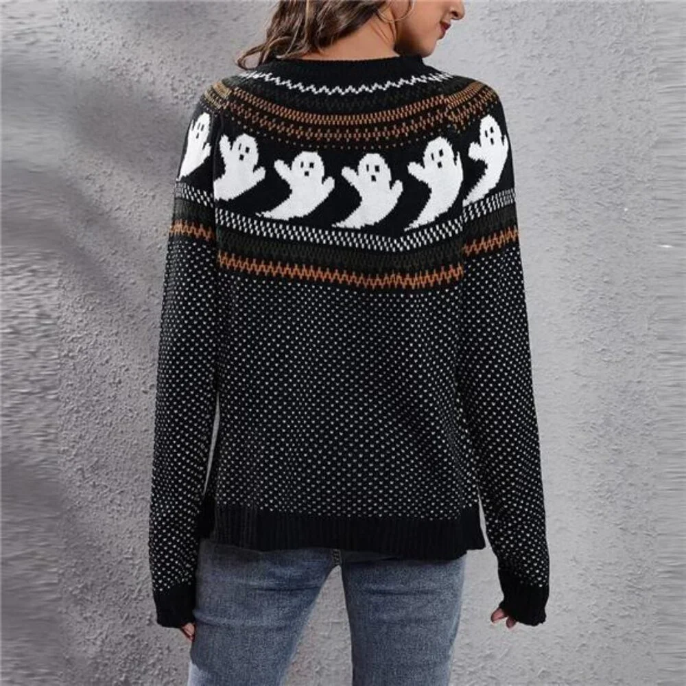 Halloween Ghost Knit Sweater – Gothic Long Sleeve Pullover Streetwear Top - Picture 4 of 4